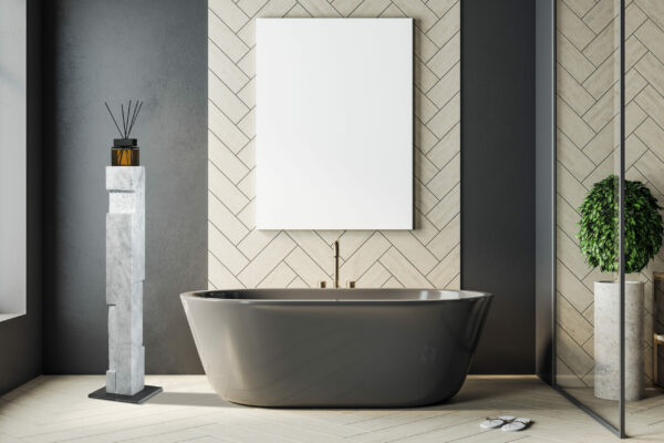 Bathroom with blank billboard on wall and self care products. Style and hygiene concept. Mock up. 3d rendering