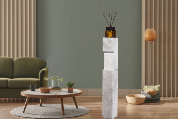 Green wall background, minimalist sofa, marble pattern wooden sofa, grey carpet, poster, lamp and frame.